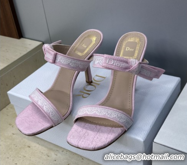 Good Quality Dior Dentelle Bow Heeled Slides Sandal 9.5cm in Oblique Embroidered Cotton and White Lace Pink 2026 0302080