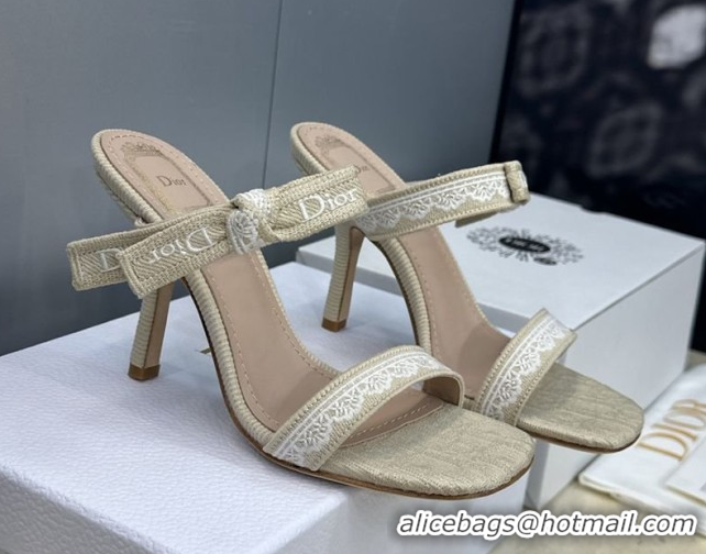 Grade Quality Dior Dentelle Bow Heeled Slides Sandal 9.5cm in Oblique Embroidered Cotton and White Lace Beige 2026 03020