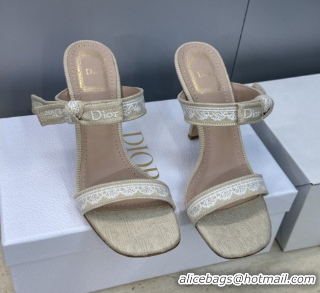 Grade Quality Dior Dentelle Bow Heeled Slides Sandal 9.5cm in Oblique Embroidered Cotton and White Lace Beige 2026 03020