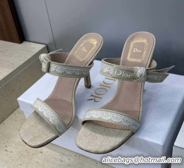 Grade Quality Dior Dentelle Bow Heeled Slides Sandal 9.5cm in Oblique Embroidered Cotton and White Lace Beige 2026 03020