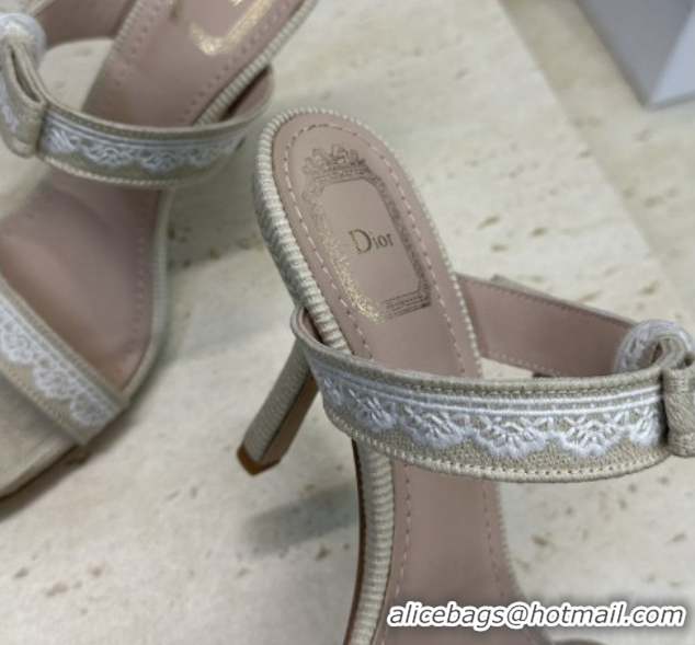 Grade Quality Dior Dentelle Bow Heeled Slides Sandal 9.5cm in Oblique Embroidered Cotton and White Lace Beige 2026 03020