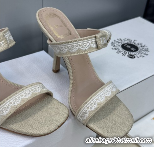 Grade Quality Dior Dentelle Bow Heeled Slides Sandal 9.5cm in Oblique Embroidered Cotton and White Lace Beige 2026 03020