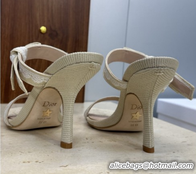 Grade Quality Dior Dentelle Bow Heeled Slides Sandal 9.5cm in Oblique Embroidered Cotton and White Lace Beige 2026 03020