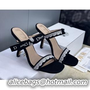 Popular Style Dior Dentelle Bow Heeled Slides Sandal 9.5cm in Oblique Embroidered Cotton and White Lace Black 2026 03020