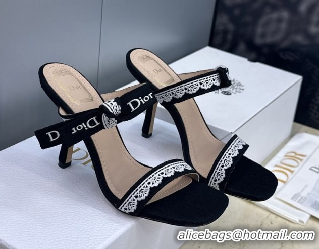 Popular Style Dior Dentelle Bow Heeled Slides Sandal 9.5cm in Oblique Embroidered Cotton and White Lace Black 2026 03020