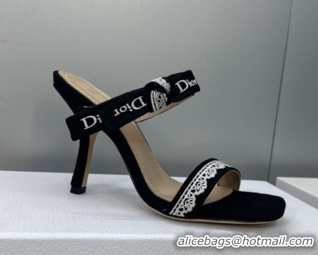 Popular Style Dior Dentelle Bow Heeled Slides Sandal 9.5cm in Oblique Embroidered Cotton and White Lace Black 2026 03020