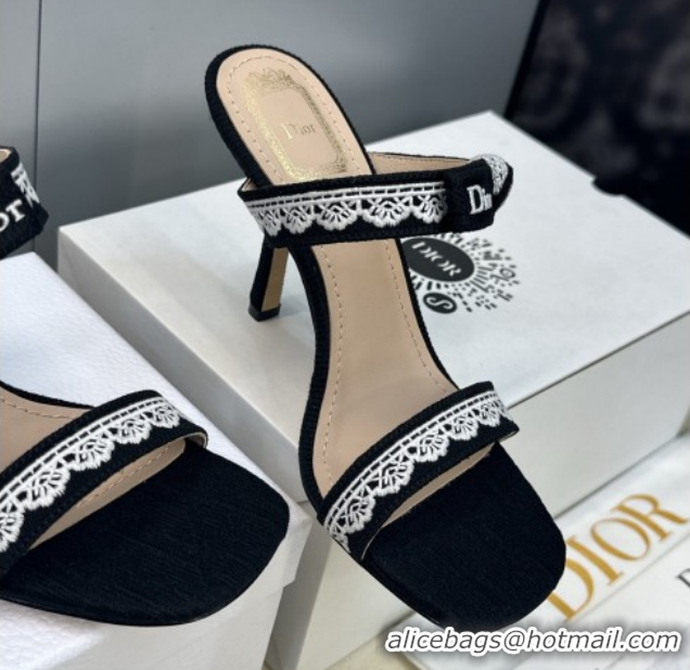 Popular Style Dior Dentelle Bow Heeled Slides Sandal 9.5cm in Oblique Embroidered Cotton and White Lace Black 2026 03020