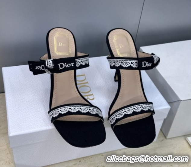 Popular Style Dior Dentelle Bow Heeled Slides Sandal 9.5cm in Oblique Embroidered Cotton and White Lace Black 2026 03020
