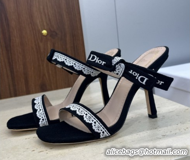 Popular Style Dior Dentelle Bow Heeled Slides Sandal 9.5cm in Oblique Embroidered Cotton and White Lace Black 2026 03020