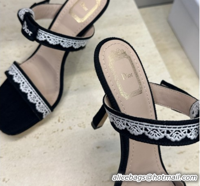 Popular Style Dior Dentelle Bow Heeled Slides Sandal 9.5cm in Oblique Embroidered Cotton and White Lace Black 2026 03020