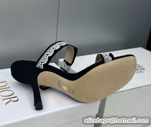 Popular Style Dior Dentelle Bow Heeled Slides Sandal 9.5cm in Oblique Embroidered Cotton and White Lace Black 2026 03020