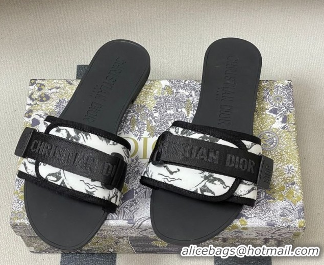 Luxury Cheap Dior Dio(r)evolution Flat Slides Sandal in Technical Fabric with Strap Print/White/Black 2026 0302098