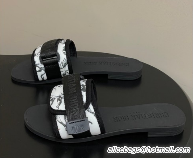 Luxury Cheap Dior Dio(r)evolution Flat Slides Sandal in Technical Fabric with Strap Print/White/Black 2026 0302098