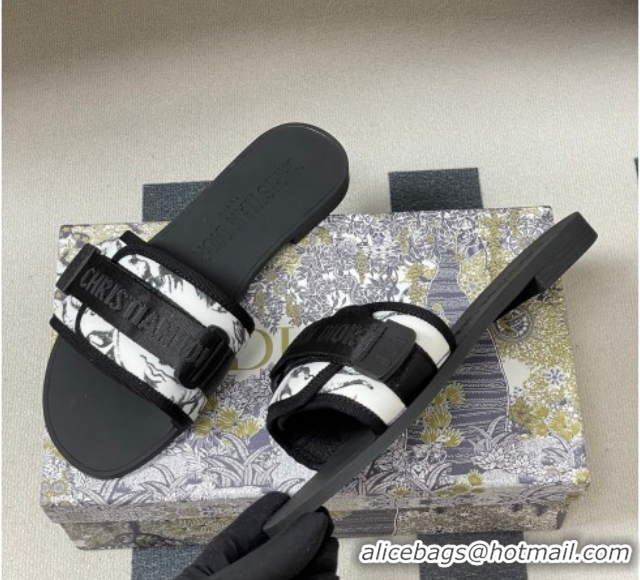 Luxury Cheap Dior Dio(r)evolution Flat Slides Sandal in Technical Fabric with Strap Print/White/Black 2026 0302098