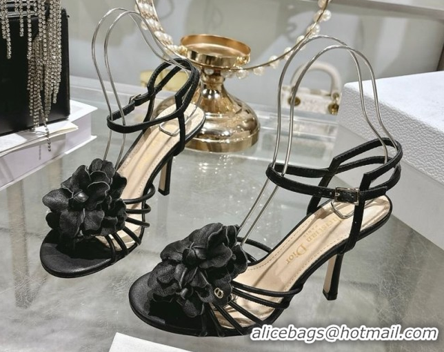 Top Grade Dior Leather Flower Heel Sandals 7.5cm Black 2026 DR030205