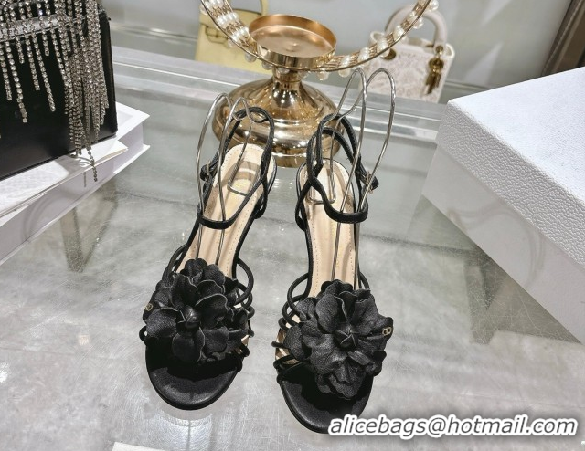 Top Grade Dior Leather Flower Heel Sandals 7.5cm Black 2026 DR030205