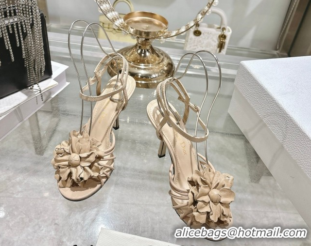 Top Design Dior Leather Flower Heel Sandals 7.5cm Beige 2026 DR030205