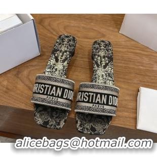 Durable Dior Dway Heeled Slides Sandal 4.5cm in Cotton Embroidered with Metallic Thread and Black and Gold-Tone Floral M