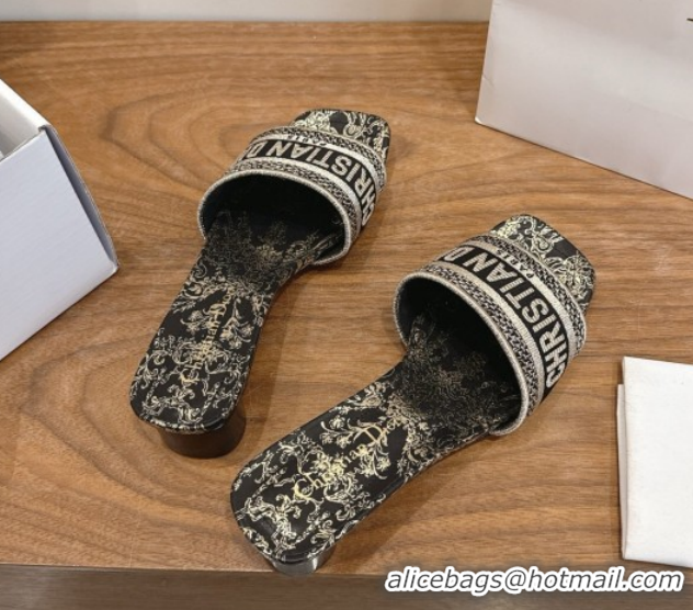 Durable Dior Dway Heeled Slides Sandal 4.5cm in Cotton Embroidered with Metallic Thread and Black and Gold-Tone Floral M