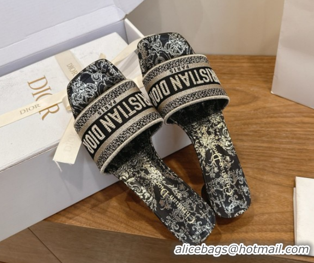 Durable Dior Dway Heeled Slides Sandal 4.5cm in Cotton Embroidered with Metallic Thread and Black and Gold-Tone Floral M