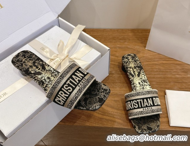 Durable Dior Dway Heeled Slides Sandal 4.5cm in Cotton Embroidered with Metallic Thread and Black and Gold-Tone Floral M