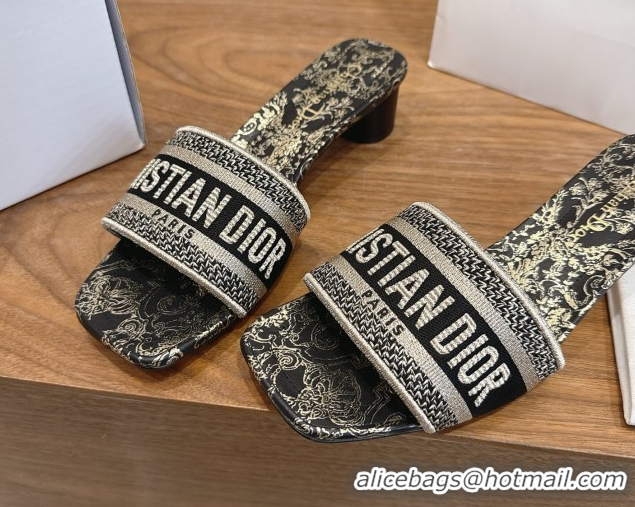 Durable Dior Dway Heeled Slides Sandal 4.5cm in Cotton Embroidered with Metallic Thread and Black and Gold-Tone Floral M