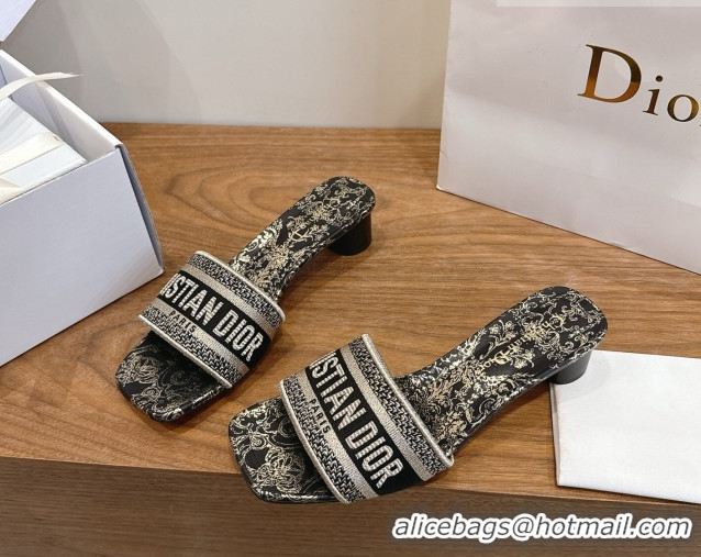 Durable Dior Dway Heeled Slides Sandal 4.5cm in Cotton Embroidered with Metallic Thread and Black and Gold-Tone Floral M
