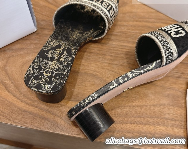 Durable Dior Dway Heeled Slides Sandal 4.5cm in Cotton Embroidered with Metallic Thread and Black and Gold-Tone Floral M