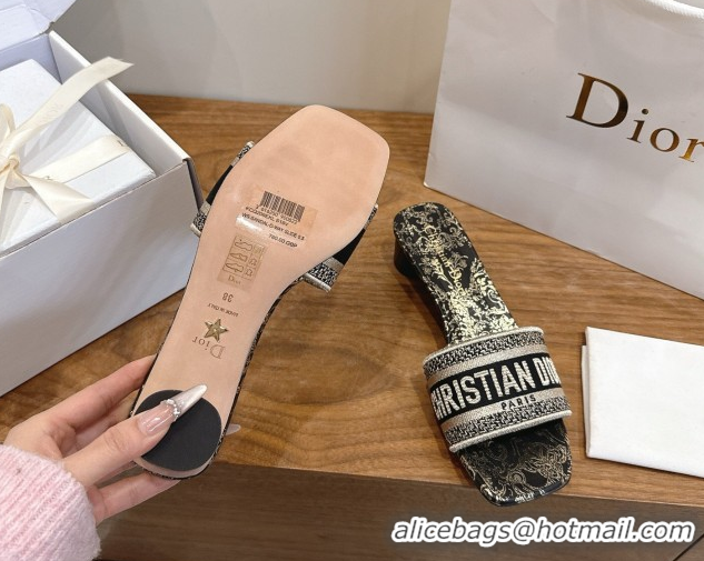 Durable Dior Dway Heeled Slides Sandal 4.5cm in Cotton Embroidered with Metallic Thread and Black and Gold-Tone Floral M