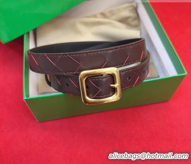 New Fashion Bottega Veneta Intrecciato Leather Belt 2cm with Pin Buckle BV26010401 Dark Burgundy 2025