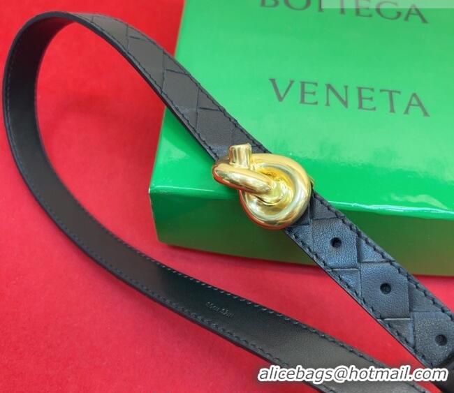 Top Design Bottega Veneta Intrecciato Leather Belt 2cm with Knot Buckle BV26010402 Black/Gold 2025