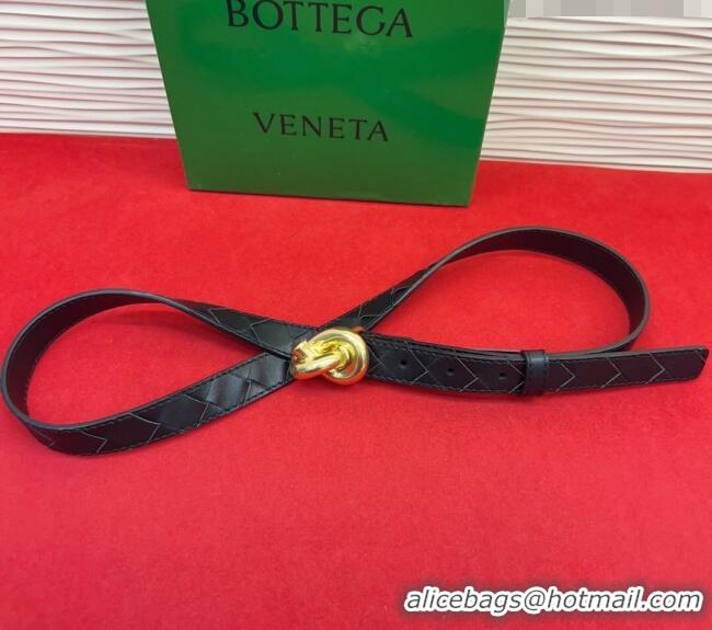 Top Design Bottega Veneta Intrecciato Leather Belt 2cm with Knot Buckle BV26010402 Black/Gold 2025