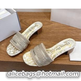 Grade Dior Dway Heeled Slides Sandal 4.5cm in Cotton Embroidered with Strass Gold 0302109