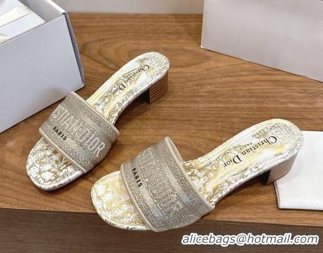 Grade Dior Dway Heeled Slides Sandal 4.5cm in Cotton Embroidered with Strass Gold 0302109