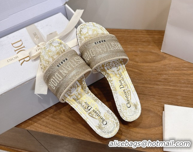 Grade Dior Dway Heeled Slides Sandal 4.5cm in Cotton Embroidered with Strass Gold 0302109
