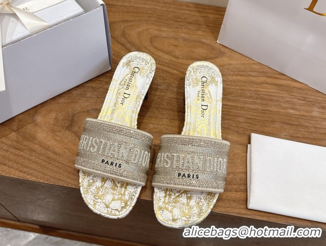 Grade Dior Dway Heeled Slides Sandal 4.5cm in Cotton Embroidered with Strass Gold 0302109