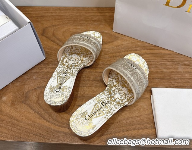 Grade Dior Dway Heeled Slides Sandal 4.5cm in Cotton Embroidered with Strass Gold 0302109