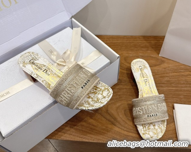 Grade Dior Dway Heeled Slides Sandal 4.5cm in Cotton Embroidered with Strass Gold 0302109