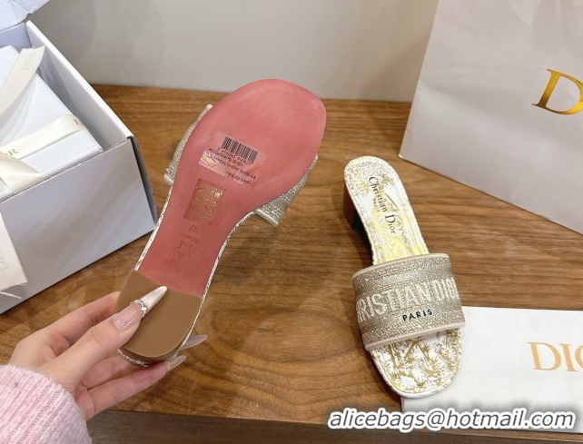 Grade Dior Dway Heeled Slides Sandal 4.5cm in Cotton Embroidered with Strass Gold 0302109