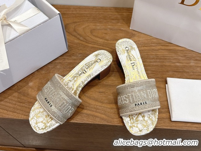 Grade Dior Dway Heeled Slides Sandal 4.5cm in Cotton Embroidered with Strass Gold 0302109