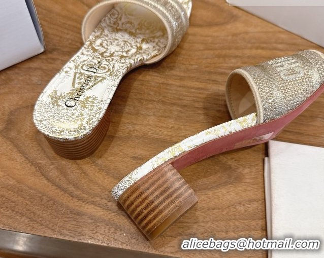 Grade Dior Dway Heeled Slides Sandal 4.5cm in Cotton Embroidered with Strass Gold 0302109