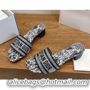 Good Looking Dior Dway Heeled Slides Sandal 4.5cm in Cotton Embroidered with Strass Blue 0302110