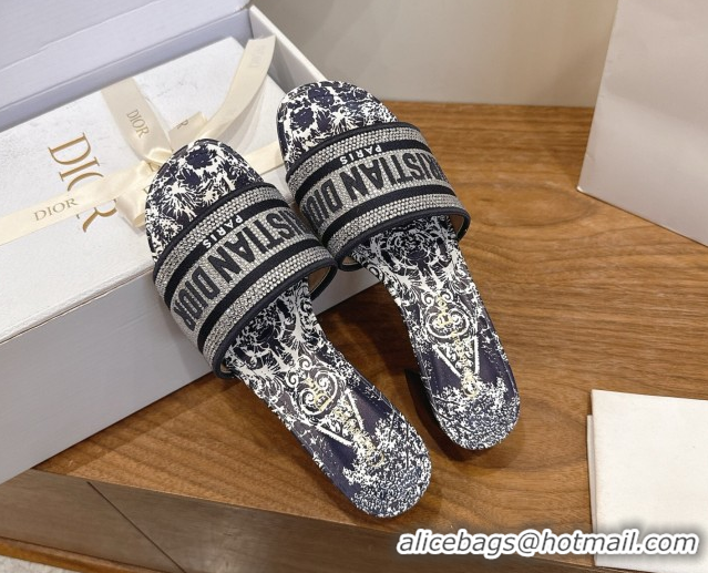 Good Looking Dior Dway Heeled Slides Sandal 4.5cm in Cotton Embroidered with Strass Blue 0302110