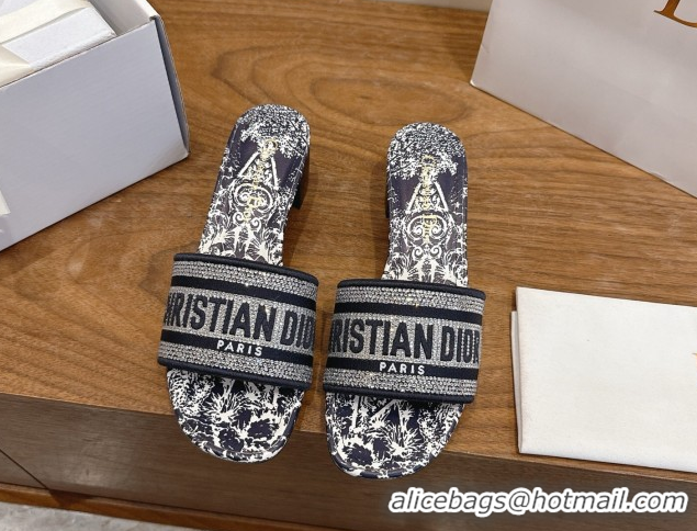 Good Looking Dior Dway Heeled Slides Sandal 4.5cm in Cotton Embroidered with Strass Blue 0302110