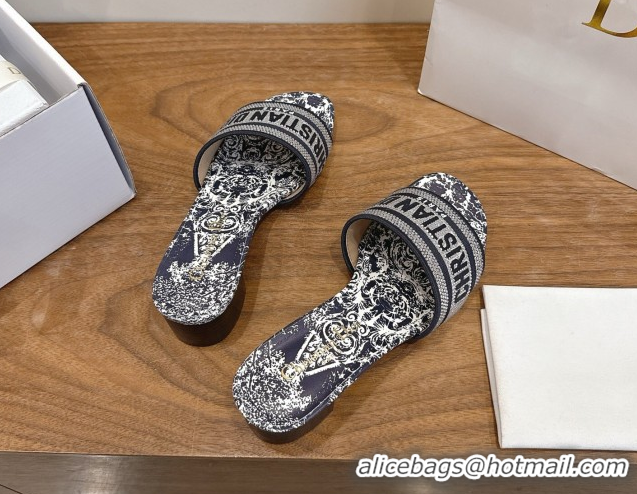Good Looking Dior Dway Heeled Slides Sandal 4.5cm in Cotton Embroidered with Strass Blue 0302110