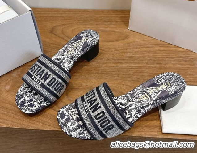 Good Looking Dior Dway Heeled Slides Sandal 4.5cm in Cotton Embroidered with Strass Blue 0302110