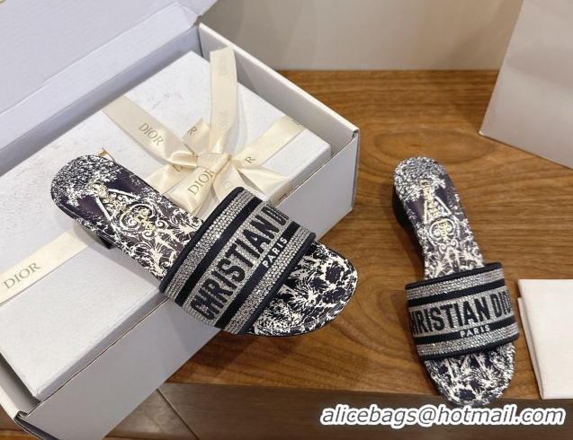 Good Looking Dior Dway Heeled Slides Sandal 4.5cm in Cotton Embroidered with Strass Blue 0302110