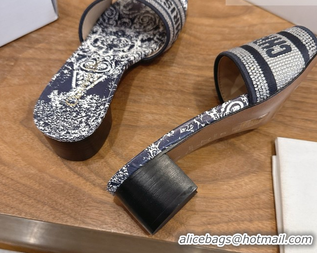 Good Looking Dior Dway Heeled Slides Sandal 4.5cm in Cotton Embroidered with Strass Blue 0302110
