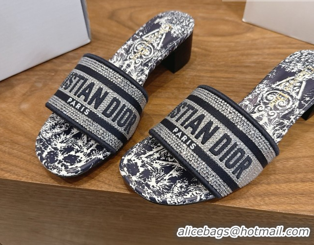 Good Looking Dior Dway Heeled Slides Sandal 4.5cm in Cotton Embroidered with Strass Blue 0302110