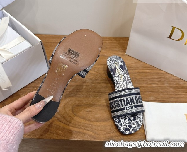 Good Looking Dior Dway Heeled Slides Sandal 4.5cm in Cotton Embroidered with Strass Blue 0302110